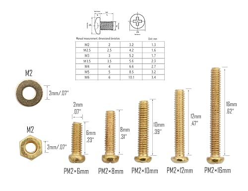 LBY 750pcs Machine Screws Assortment Kit, M2 Phillips Pan Head Bolts, 5 Sizes (with Nuts and Flat washers), Copper (Yellow) - size: M2
