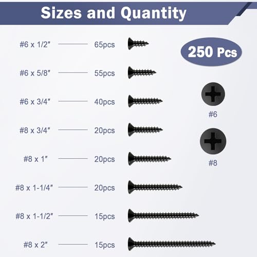 250Pcs Wood Screws Assortment Kit, #6#8 Black Screws, Cross Recessed Flat Head, Wood Screws, Assorted Screws, Screw Set (2", 1-1/2", 1-1/4", 1", 3/4", 5/8", 1/2")