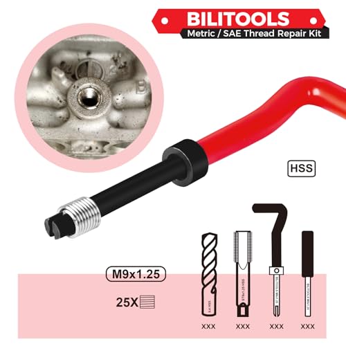 BILITOOLS M9x1.25 Helicoil Thread Repair Kit Metric, HSS Drill Heli Coil Repair Kit - size: M9 x 1.25, style: Metric