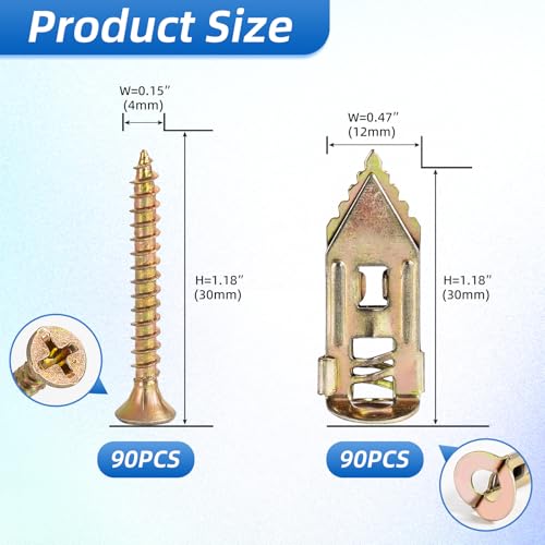 180 PCS Self-Drilling Drywall Anchors KIT - 90 Metal Winged Zinc Plated Drywall Anchors and 90 Screws for Sheetrock, Gypsum Board, Hollow Walls - No Drill Needed
