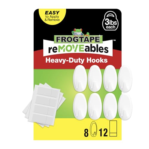 FrogTape reMOVEables Heavy Duty Wall Hooks - 8 Hooks and 12 Strips - Holds up to 3 lbs - No Damage - Easy to Remove & Reuse - Medium Wall Hook with Adhesive Strips - White (Pack of 8) - size: Pack of 8, style: Medium