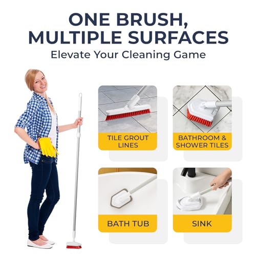 Shower Scrubber with Long Handle, Stiff Bristles Grout-Brush, Tub Scrub-Brush with Long-Handle, Shower-Cleaner Brush - color: White