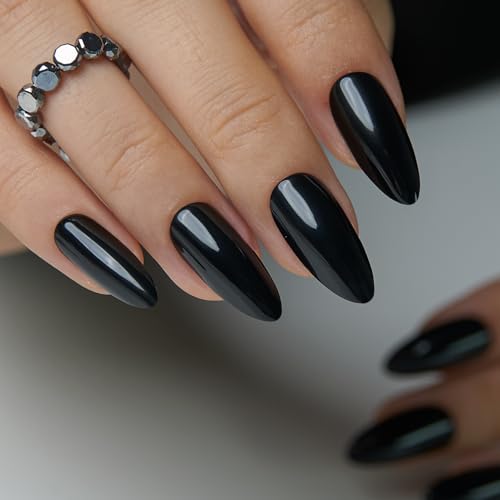 CurvLife Long Almond Fall Press On Nails, Black, Soft Gel - color: Soft Black