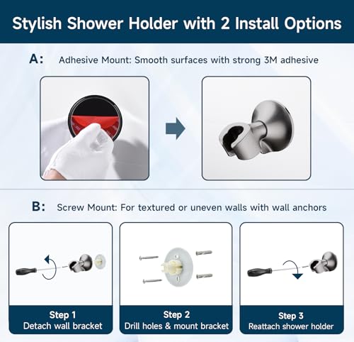 BRIGHT SHOWERS Strong Adhesive Shower Head Holder with Dual Angle Adjustable, Wall Mounted Handheld Shower Bracket, Easy Installation, Screw Mounting Options, Brushed Nickel - color: Brushed Nickel, style: Adhesive & Screw - 2 Angles