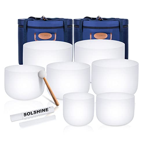 SOLSHINE 6-12 Inch Crystal Singing Bowl Set of 7 For Sound Healing With 2pcs Free Heave Duty Carring Case Crystal Mallet And O-ring Sound Repairer - color: 7Pcs White, size: 6-12 inches