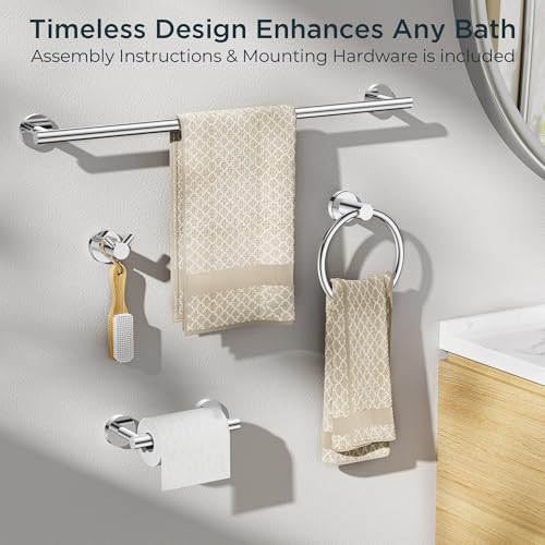 FORIOUS Bathroom Accessories, 4-Piece Bathroom Hardware Set - 24" Towel Bar - color: Chrome