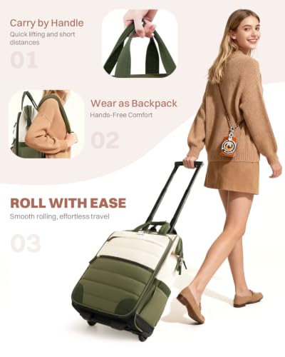 Rolling Puffer Backpack for Women, Travel Backpack with Wheels, 16 Inch Wheeled Laptop Backpack, Dual-Opening Design Overnight College Underseat Carry on Luggage, Roller Business Work Bag, Green - color: Green