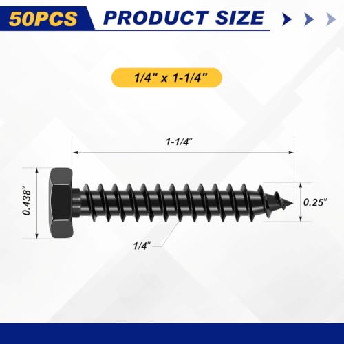 Zonon 50 Pcs 1/4'' X 1-1/4'' Hex Head Lag Bolts Screws with Washers, Black - color: Black, size: 1/4'' X 1-1/4''