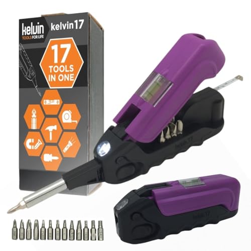 Kelvin Tools - Kelvin 17 Urban Screwdriver Set, All in One Everyday Multitool Screwdriver, Multi-Tip, Compact & Universal Precision, 13 Bit Set with Tape Measure, Liquid Level, Hammer and Flashlight - color: Purple
