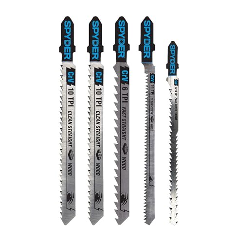 Spyder 5-Piece Single and Double-Sided Jig Saw Blade Set, for Wood, Chrome Vanadium Steel, T-Shank Compatible with All Major Brands (300061) - size: 3-1/2 inch & 4-inch, TPI (19, 10, 8), style: 5-Piece Set