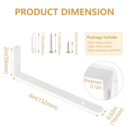 LSK 6PCS L Bracket, L 6"×H 2" Shelf Support Bracket, Max Load :42lb, White - color: White, size: 6x2 inch (light duty)