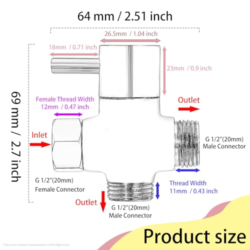G1/2" Shower Head Diverter Valve, Solid Brass Shower Arm Diverter Valve for Hand Held Showerhead and Fixed Spray Head, 20mm Diameter 3-Way Universal Shower System Replacement Part (Chrome Finish)