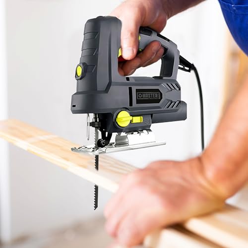 Master Mechanic 6.5 Amp 3,000 RPM Steel Base Jig Saw Power Hand Tool with Toolless Blade Change, Lock On Switch, and Blower Function for Wood, Gray