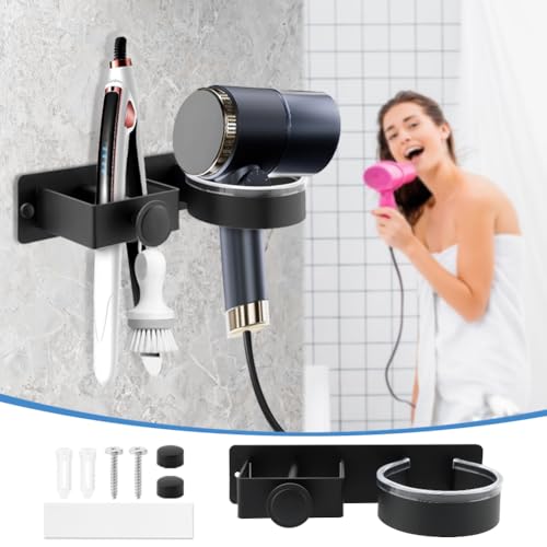 CALIDAKA Hair Dryer Holder Wall Mounted, Hair Dryer and Straightener Holder, Hair Tool Organizer for Bathroom, Suitable for Most of Hair Dryers(COLOR:black)