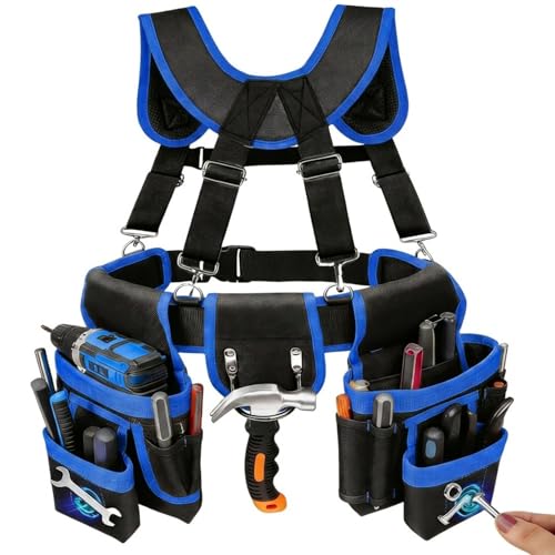 Magnetic Tool Belt, Heavy Duty Tool Pouch for men Magnet Holster Nail Utility Toolbelt Adjustable Waist Holder for Handyman Contractor (26 pockets with suspenders) (Blue) - color: Blue