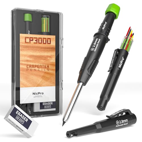 Nicpro CP3000 Construction Pencils with Sharpener & Holster, 1 Pack | Carpenter Pencil with 6 Refills, Deep Hole Mechanical Pencil for Construction, Heavy Duty Carpenter Pencil for Architect - style: Carpenter Pencil