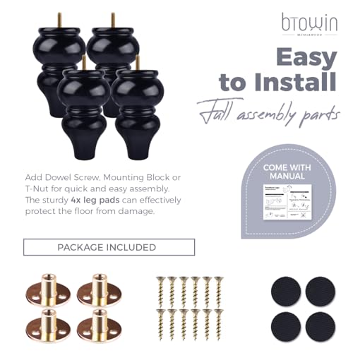 8 inch Solid Wood Turned Furniture Legs 4Pcs with M8 Bolts, Black - color: Black, size: 8" (20cm)