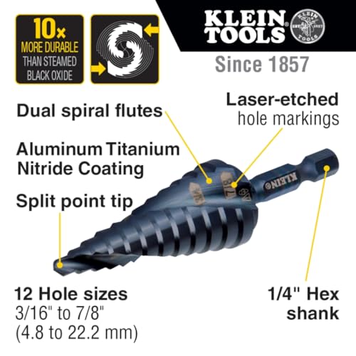 Klein Tools QRSTSPRO Premium 3-Piece Electrician's Step Bit Set with Cutting Oil, Modular Case, Impact Rated Quick Release, Double Spiral Flutes - size: 3-Piece Set (Large), style: Quick Release