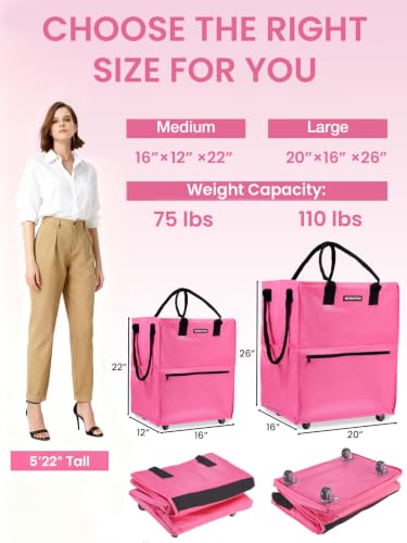 WORKPRO Medium Rolling Grocery Bag, 18-Gallon Rolling Tote with 4 Wheels - color: Pink, size: Medium