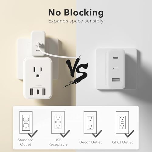 BN-LINK Multi Plug Outlet Extender 2 Pack, Outlet Splitter with 4 Outlet and 3 USB Ports (1 USB C), 4-Sided Multiple Plug Expander for Travel Kitchen Dorm Room Cruise Ship Essentials, White - size: 2pack-4 Outlets(USB)