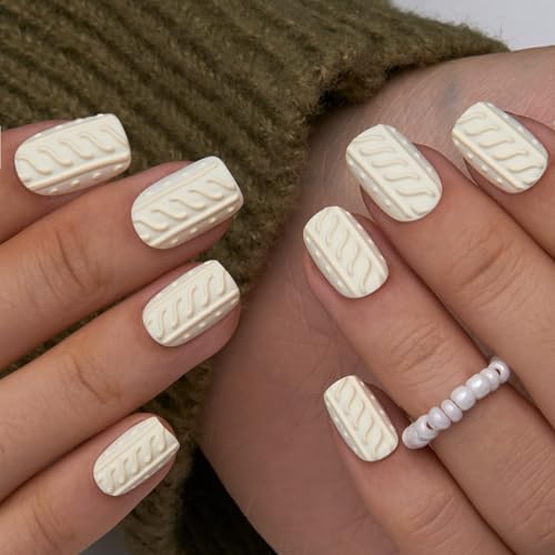 CurvLife Short Square 3D Press On Nails, Sweater Knit White, Soft Gel - color: Cream Yellow 3D Sweater Nails