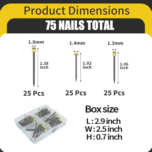 75PCS Picture Hanging Nails - 3 Sizes (Small/Medium/Large) Wall Decor Nails, Steel Pin & Brass Head Hardware for Hanging Picture Frames, Wall Art & Photos, with Plastic Storage Box (Black)