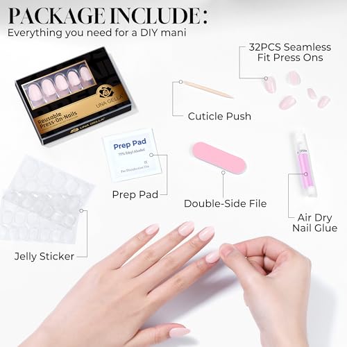 UNA GELLA 32Pcs Soft Gel Press on Nails - 16 Sizes Pastel Baby Pink Round Glue on Nails, Oval Reusable Glossy Natural Pink False Nails, Full Cover Acrylic Nail Kit for Women DIY Home Manicure