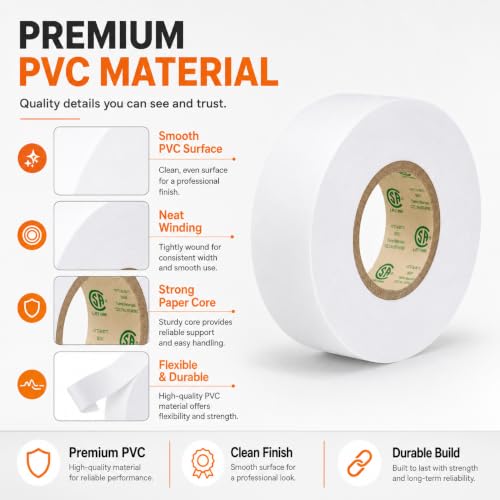 3/4" x 66ft White Electrical Tape, V-0 Flame Retardant, 600V Rated - color: White