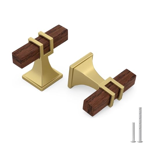 Haliwu 10 Pack Wood Grain & Gold Cabinet Knobs T-bar Square Drawer Knobs - color: Walnut Wood Grain& Matte Gold, size: T-bar knob