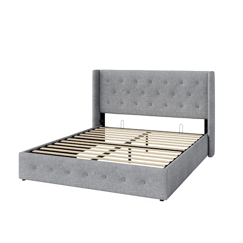 Allewie Full Size Lift Up Storage Button-Tufted Bed Frame Light Grey - color: Light Grey, size: Full, style: Traditional