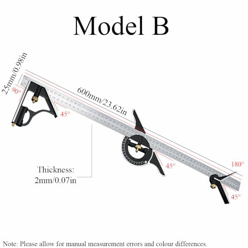 Combination Square Stainless Steel Multi-Function Carpentry Square Clear Scale Easy to Read(600mm/23.62") - style: 600mm/23.62"