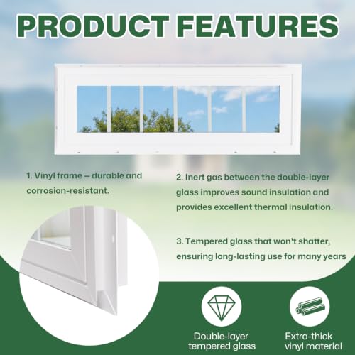 NeatiEase Vinyl Transom Window, 10" x 36" Fixed Glass Household Windows with Grids and Dual-pane Tempered Glass for House, Shed, Doors, Garage, Chicken Coop, Basement (White) - size: 10"x36"