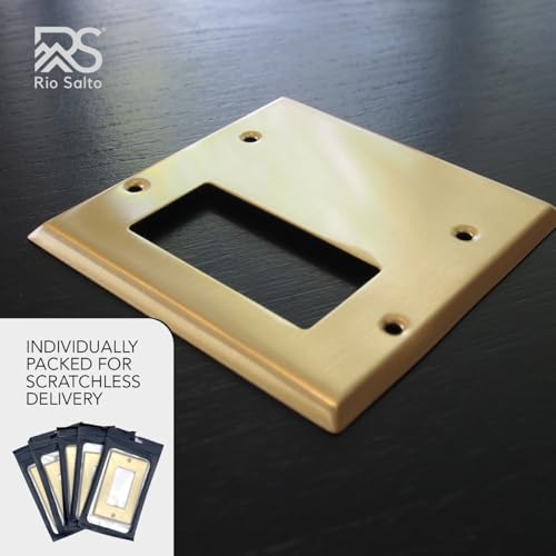 Rio Salto Metal 2-Gang Gold Outlet Cover or Light Switch Cover Wall Plate, Blank Rocker Combination Wallplate Decorator Covers 2 Gang Double STANDARD SIZE Brass (Blank Rocker Combo) - color: Combo 2-Gang Blank Rocker