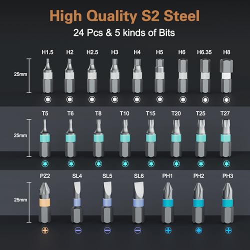 Bomivoi 24 in 1 Magnetic Screwdriver Set, DIY Ratchet Screwdriver Set, Multi Bit Magnetic Drive Set with Detachable Ratchet Handle, Portable Precision Repair Tool Kit for Furniture Computer Bicycle - style: 24 IN 1
