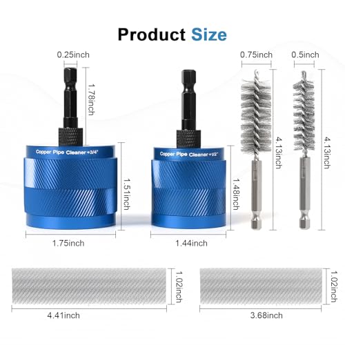 1/2" & 3/4" Copper Pipe Cleaner Set for Drill, with 1/4" Hex Shank & 6 Brush Blades & 2 Pipe Cleaning Brush, Plumbing Tools for Removing Rust, Stains & Paint from Copper & Metal Pipes, Blue - color: Blue