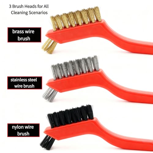 3-Piece Steel Wire Brush Set for Cleaning, Rust Removal, Scrubbing, Detail Work & Metal Cleaning - Stainless Steel/Brass/Nylon Bristles, Scratch Brush