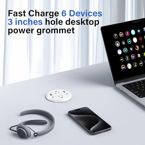 Desktop Power Grommet,GaN 65W USB C Fast Charging Station,2 AC Outlets,4 USB Ports in to the Top,Flush Mount Power Grommet 3'' Hole,Countertop Recessed Outlet White - color: White, size: 1 Pack