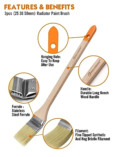 ROLLINGDOG 25mm, 38mm, 50mm Radiator Paint Brush Set -3PC Long Handle Paint Brushes, Bent Ferrule Brushes for Radiator, Piep, Ceiling and High Walls (Pack of 2) - size: 25mm, 38mm, 50mm (Pack of 2)