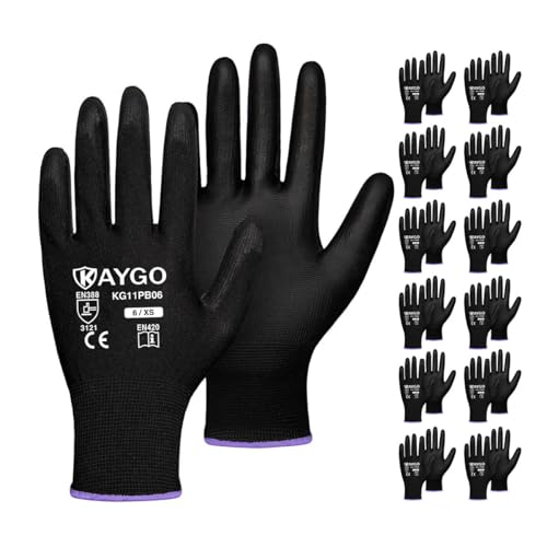 KAYGO Safety Work Gloves for Men Women, PU Coated Palm & Fingers, KG11P - color: Black, size: X-Small
