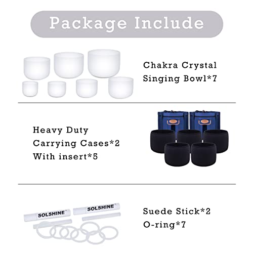 SOLSHINE 6-12 Inch Crystal Singing Bowl Set of 7 For Sound Healing With 2pcs Free Heave Duty Carring Case Crystal Mallet And O-ring Sound Repairer - color: 7Pcs White, size: 6-12 inches