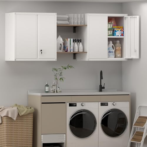 Metal Wall Cabinet, Steel Locking Cabinet for Office, Home Office Cabinets with Doors and Shelves, Garage Cabinets for Utility Room, Laundry Room - color: 28"h - White