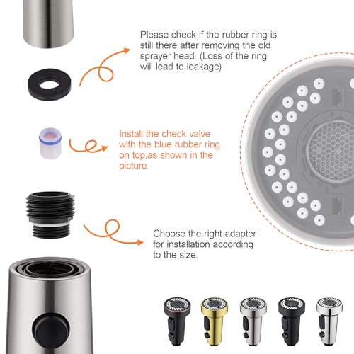 TIORIY Pull Down Spray Head Replacement - for Kitchen Faucet Sprayer Head with 15 Adapters, 3 Function Pull Out Faucet Spray Nozzle, Brushed Nickel - color: Brushed Nickel, style: Blade Spray