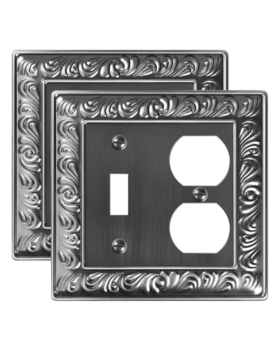2-Pack Paisley Pattern Metal Combo Toggle/Duplex Light Switch Cover Plate | Decorative Wall Outlet Cover Plate, 2 Gang Metal Wall Plates for Electrical Outlets, Light Switch, Antique Silver - color: Antique Silver, size: 1 Toggle/1 Duplex 2PK