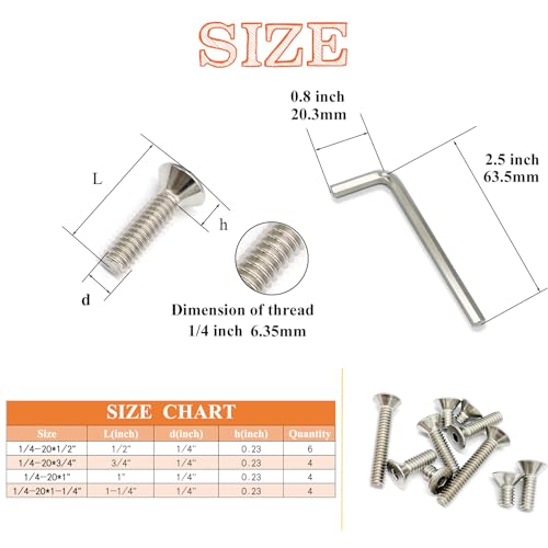18pcs 1/4-20 4 Sizes Countersunk Head Screws, Flat Socket Head Cap Screws Assortment Kit with Allen Keys, 304 Stainless Steel Socket Cap Bolts Flat Countersunk Head Machine Screws - size: 304-4Size-1/4-18P