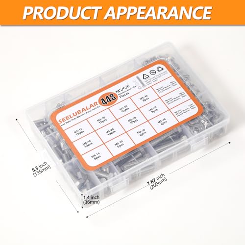 448 Pcs M5 M6 M8 Hex Bolts and Nuts Assortment Kit,16/20/30/40mm Bolts - size: M5/M6/M8 - 16/20/30/40mm