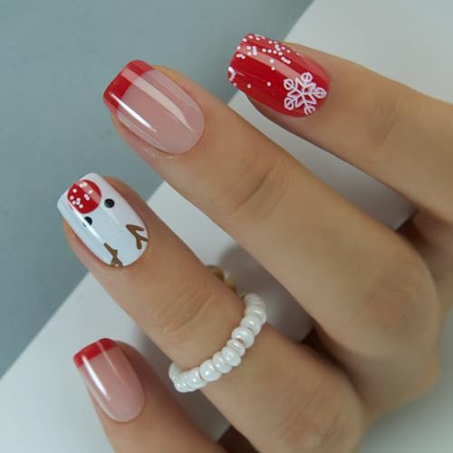 CurvLife Short Square Press On Nails, Christmas Deer Red,Soft Gel - color: Christmas Deer