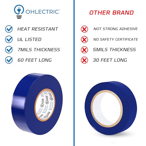 OHLECTRIC Professional Grade Vinyl Electrical Tape (10 Pack) Blue - 7 Mil Thick Flame-Retardant, Heat & Weather Resistant 3/4 Inch x 60 Feet | Ideal for Contractors & Electricians - size: 10 Roll, style: Blue