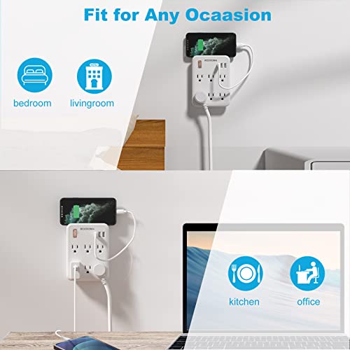 USB Wall Outlet Extender with On Off Switch, Surge Protector Outlet,6 AC Multi-Plug with 3 USB Ports (1 USB C), 490 Joules, Flat Socket Splitter with Spaced Outlet for Home, Office, College