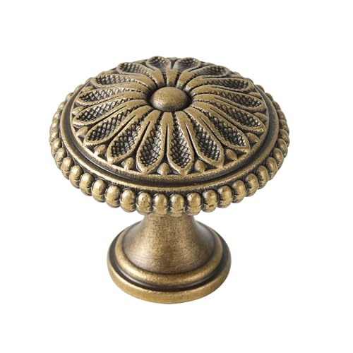 5 Pack | Cabinet Knobs | Solid Brass | 1-1/8 Inch Diameter | Brushed Antique Brass |Classic Cabinet Knobs for Furniture Kitchen ＆ Bathroon Fixture - size: 1-1/8 Inch Knob