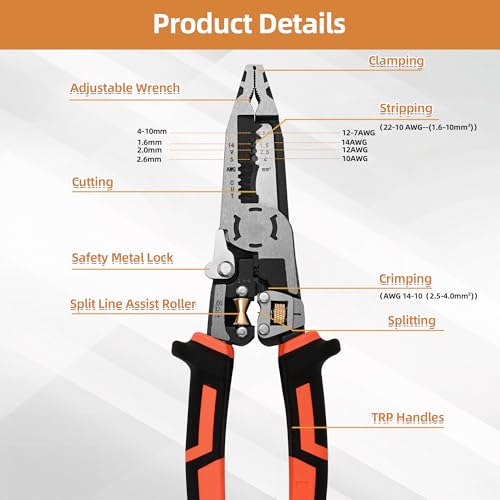 Wire Stripper Wire Crimping Tool - 10-in-1 Versatile Wire Cutter Crimper Cable Stripper AWG 22-10 Heavy Duty Wire Stripper Cutter Pliers Tool for Splitting,Stripping,Cutting,Crimping,Clamping